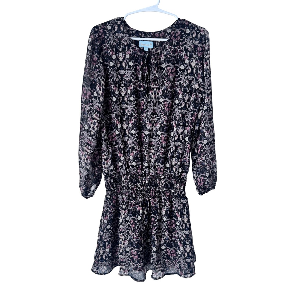 Veronica M Floral Smocked Drop Waist Tie Neck Mini Dress DSS-2523 Black Purple M